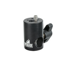 Load image into Gallery viewer, A black, anodized aluminum spigot mount adapter with a large tightening knob on the side and a 1/4-20 male thread on top, shown on a white background.