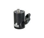 Load image into Gallery viewer, Close-up of the Upgrade Innovations Spigot Mount, showing the 5/8-inch baby pin receiver and the male 3/8-16 threaded stud, machined from black anodized aluminum.