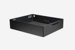 Load image into Gallery viewer, Mule Cart Utility Box Mini in black aluminum, mounted to a c-stand with a Super Clamp, holding a laptop for a tethered shooting setup on a film set.