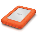 Load image into Gallery viewer, Orange and silver LaCie Rugged Mini Portable Hard Drive with its protective rubber sleeve.