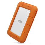 Load image into Gallery viewer, LaCie 2TB Rugged Secure portable hard drive in its iconic orange rubber casing, with a USB-C cable next to it on a clean background.