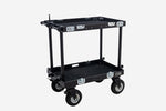 Load image into Gallery viewer, Mule PONY Cart, a black aluminum utility cart for production crews, fully assembled with its top and bottom shelves and pneumatic wheels.
