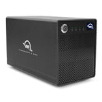Load image into Gallery viewer, Front view of the OWC ThunderBay 4 Mini, a silver and black 4-bay Thunderbolt 3 external storage enclosure for 2.5-inch SSD drives.