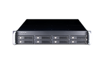 Load image into Gallery viewer, Front view of the Netstor NA341TB3 Rackmount 2U Thunderbolt 3 RAID Array, showing its eight hot-swappable drive bays and status indicator lights.