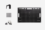 Load image into Gallery viewer, Mule Cart Universal Laptop Plate Kit assembled on a light stand, holding a laptop and showing its tilting base and accessory mounts.