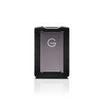 Load image into Gallery viewer, SanDisk Professional G-DRIVE ArmorATD rugged portable hard drive in silver with its protective blue rubber bumper, sitting on a rocky surface.