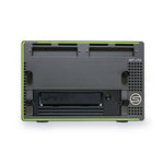 Load image into Gallery viewer, Front view of the silver SymplyDIT LTO XTH Desktop Thunderbolt 3 enclosure showing the LTO tape drive slot and SSD docking bay.