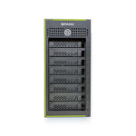 Load image into Gallery viewer, Front view of the SymplySPARK 8-Bay Thunderbolt 3 RAID tower, showing its eight hot-swappable drive bays and carry handle, next to its included black wheeled hard case.