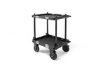Load image into Gallery viewer, Front three-quarter view of the adicam MINI+ professional film cart, showing its two-tiered aluminum structure, large pneumatic wheels, and integrated top-shelf threaded plates.
