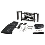Load image into Gallery viewer, Wooden Camera Director's Monitor Cage v3 fully assembled with carbon fiber handles, battery plate, and sun hood attached.