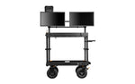 Load image into Gallery viewer, INOVATIV Insight Monitor Mount System fully assembled on an Apollo 40 production cart, holding two professional monitors in a studio environment.