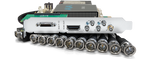 Load image into Gallery viewer, AJA Io X3 professional video I/O device, showing the front panel with headphone jack and status lights, and the rear panel with SDI, HDMI, and Thunderbolt 3 ports.