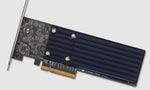 Load image into Gallery viewer, Sonnet M.2 2x4 Low-profile PCIe Card with a large black passive heatsink, showing the two M.2 NVMe SSD slots on the circuit board.