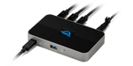 Load image into Gallery viewer, Front view of the silver OWC Thunderbolt Hub showing its three Thunderbolt 4 ports and one USB-A port.