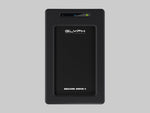 Load image into Gallery viewer, Glyph Technologies SecureDrive+ portable encrypted drive with its rugged black sleeve, shown next to a smartphone displaying the unlocking app.