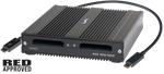Load image into Gallery viewer, Front view of the Sonnet SF3 Series RED MINI-MAG Card Reader (Used), showing its dual card slots and two Thunderbolt 3 ports on a rugged aluminum chassis.