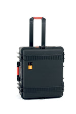 Load image into Gallery viewer, HPRC 2730W hard case open, revealing custom foam cutouts for a Blackmagic URSA camera, lens, batteries, and other professional video accessories.
