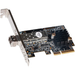 Load image into Gallery viewer, Sonnet Solo10G SFP+ 10 Gigabit Ethernet PCIe adapter card with its SFP+ port visible, shown alongside the included low-profile bracket.