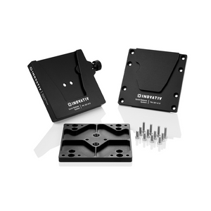 The Inovativ QR System showing the three-plate quick-release VESA monitor mount components separated on a white background.