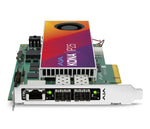 Load image into Gallery viewer, AJA KONA IP25 full-height PCIe 4.0 card, showing the rear bracket with two SFP cages and an RJ-45 port.
