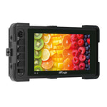 Load image into Gallery viewer, Front view of the TVLogic FX-5 5.5-inch on-camera monitor, showing the screen, control buttons on the left, and input/output ports on the bottom.
