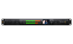 Load image into Gallery viewer, Front view of the Blackmagic Design Audio Monitor 12G G3, showing the stereo speakers, large LED audio meters, LCD screen, and control buttons in a 1RU chassis.
