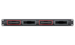 Load image into Gallery viewer, Front view of the Blackmagic Design MultiDock 10G, a rack-mountable unit showing four vertical slots for 2.5-inch SSDs.
