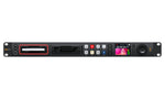 Load image into Gallery viewer, Front view of the Blackmagic Design HyperDeck Studio 4K Pro, showing the 2.2-inch LCD screen, transport controls, search dial, and dual media slots.
