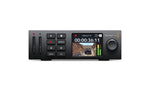 Load image into Gallery viewer, Front view of the Blackmagic Design HyperDeck Studio HD Mini, showing the 2.2-inch LCD screen, dual SD card slots, and transport controls.
