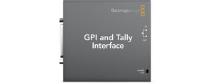 Front view of the Blackmagic Design GPI and Tally Interface, showing the 25-pin D-type connector, ethernet ports, USB port, and status indicator lights.