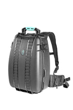 Load image into Gallery viewer, HPRC 3500 Resin Case in black with blue latches, shown in its backpack configuration with adjustable shoulder straps.
