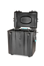 Load image into Gallery viewer, HPRC 4700W wheeled hard resin case in black with blue latches, shown closed.
