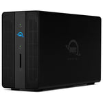 Load image into Gallery viewer, Front view of the OWC Gemini, a black aluminum dual-drive RAID enclosure and Thunderbolt dock, showing its front-facing SD card slot and status LEDs.
