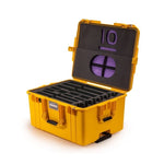 Load image into Gallery viewer, Iodyne Workgroup Hard Case in yellow, with custom foam cutouts for 3 Pro Data units, 2 MacBook Pros, and accessories.
