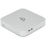 Load image into Gallery viewer, Front view of the OWC StudioStack Thunderbolt 5, a silver, square, stackable storage enclosure and connectivity hub.
