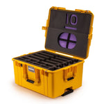 Load image into Gallery viewer, Iodyne yellow hard case with a retractable handle, open to show custom foam cutouts for four Pro Data units and accessories.
