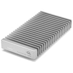 Load image into Gallery viewer, A silver, rectangular OWC Express 1M2 USB4 portable NVMe SSD enclosure, shown from a front-three-quarters angle.
