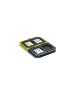 Load image into Gallery viewer, The Angelbird Media Tank for CFexpress Type B cards, shown in its neon lime aluminum casing, holding four memory cards.
