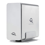 Load image into Gallery viewer, Front view of the OWC Express 4M2, a silver aluminum four-slot external storage enclosure for M.2 SSDs.
