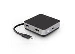 Load image into Gallery viewer, The OWC USB-C Travel Dock in Space Gray, showing its square aluminum body with a captive USB-C cable and various ports.
