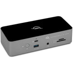 Load image into Gallery viewer, Front view of the OWC Thunderbolt 5 Dock, showing its array of ports in a space gray aluminum housing.
