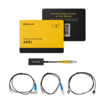 Load image into Gallery viewer, SmallHD Camera Control Kit for ARRI, showing the software license card and various Ethernet and adapter cables for connecting a Cine 5 monitor to an ARRI camera.
