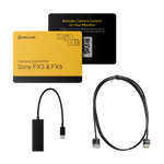 Load image into Gallery viewer, SmallHD Camera Control Kit for Sony FX6, showing the software license card, a 36-inch ethernet cable, and a USB-C to Ethernet adapter.
