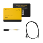 Load image into Gallery viewer, SmallHD Camera Control Kit for Sony, showing a software license card, a 36-inch ethernet cable, and a 5-pin to ethernet adapter.
